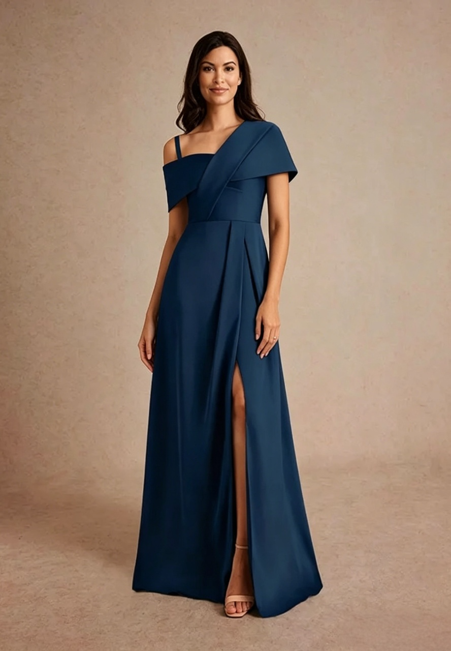 Elegant Navy Blue Crepe A-Line Asymmetrical Neck Floor-Length Slit Mother of the Bride Dress