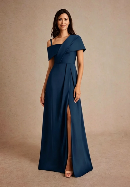Elegant Navy Blue Crepe A-Line Asymmetrical Neck Floor-Length Slit Mother of the Bride Dress