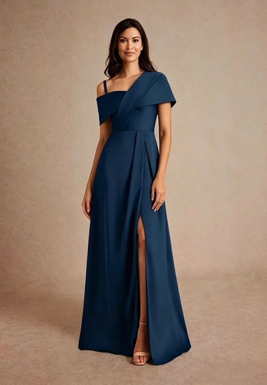 Elegant Navy Blue Crepe A-Line Asymmetrical Neck Floor-Length Slit Mother of the Bride Dress