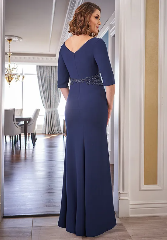 Elegant Navy Blue Crepe Mermaid V-Neck 3/4 Sleeve Beaded Waist Floor-Length Mother of the Bride Dress