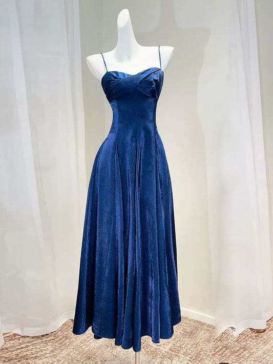 Elegant Navy Blue Iridescent Satin A-Line Spaghetti Strap Sweetheart Prom Dresses