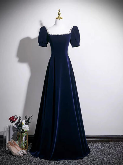Elegant Navy Blue Velvet A-Line Square Neck Puff Sleeve Lace-Up Back Prom Dresses