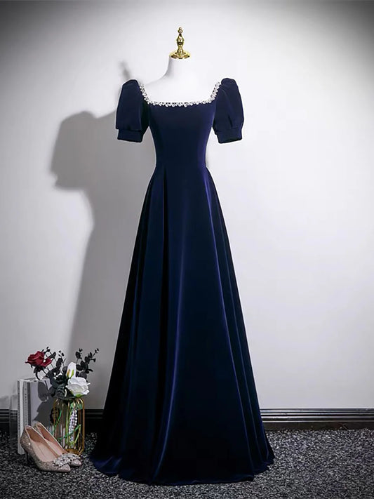 Elegant Navy Blue Velvet A-Line Square Neck Puff Sleeve Lace-Up Back Prom Dresses