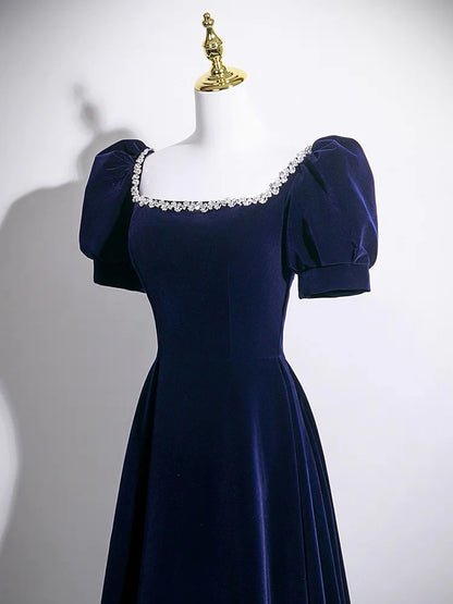 Elegant Navy Blue Velvet A-Line Square Neck Puff Sleeve Lace-Up Back Prom Dresses