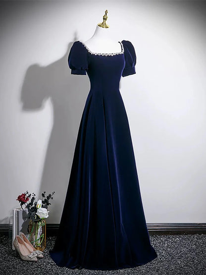 Elegant Navy Blue Velvet A-Line Square Neck Puff Sleeve Lace-Up Back Prom Dresses
