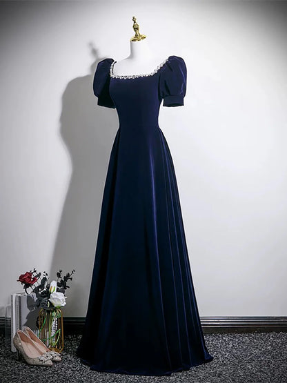 Elegant Navy Blue Velvet A-Line Square Neck Puff Sleeve Lace-Up Back Prom Dresses