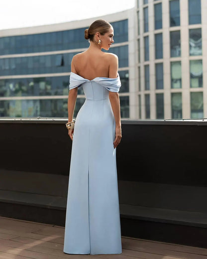 Elegant Off-the-Shoulder Evening Dresses with Draped Bodice, Form-Fitting Column Silhouette, Back Slit Detail and Smooth Crepe Fabric Formal Gown