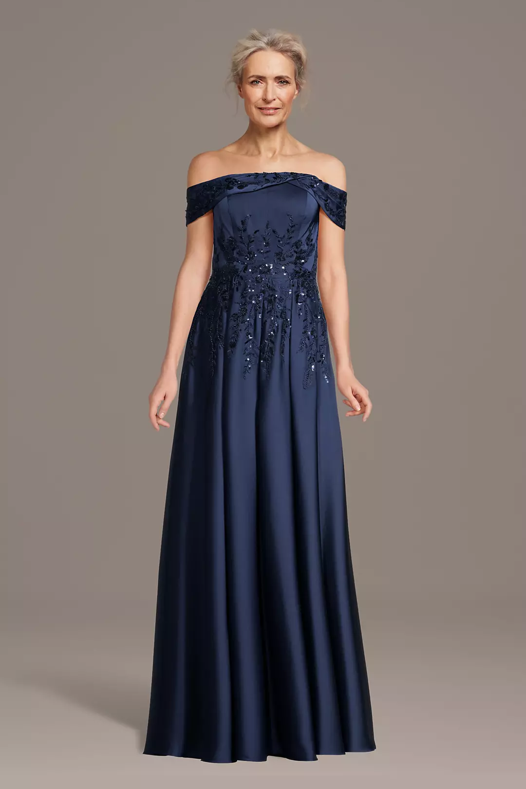 Elegant Off-the-Shoulder Satin Mother of the Bride Dress with Beaded Floral Embroidery and A-Line Silhouette