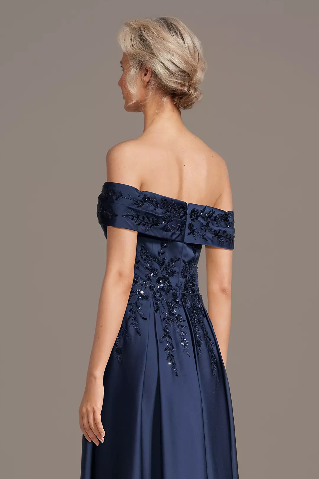 Elegant Off-the-Shoulder Satin Mother of the Bride Dress with Beaded Floral Embroidery and A-Line Silhouette