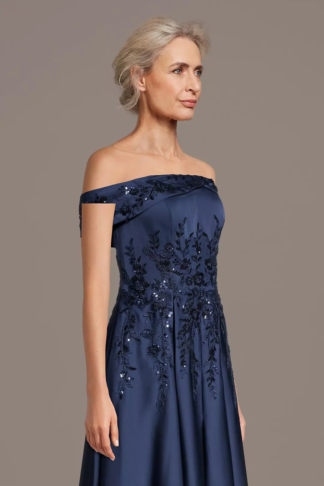 Elegant Off-the-Shoulder Satin Mother of the Bride Dress with Beaded Floral Embroidery and A-Line Silhouette