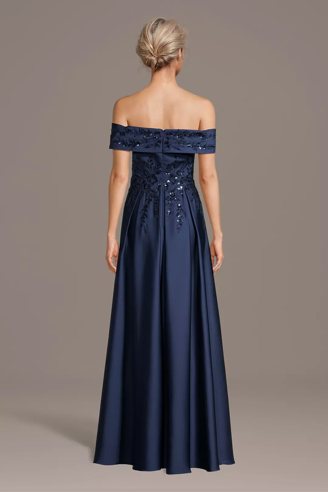 Elegant Off-the-Shoulder Satin Mother of the Bride Dress with Beaded Floral Embroidery and A-Line Silhouette
