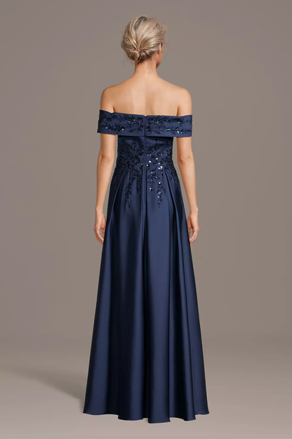 Elegant Off-the-Shoulder Satin Mother of the Bride Dress with Beaded Floral Embroidery and A-Line Silhouette
