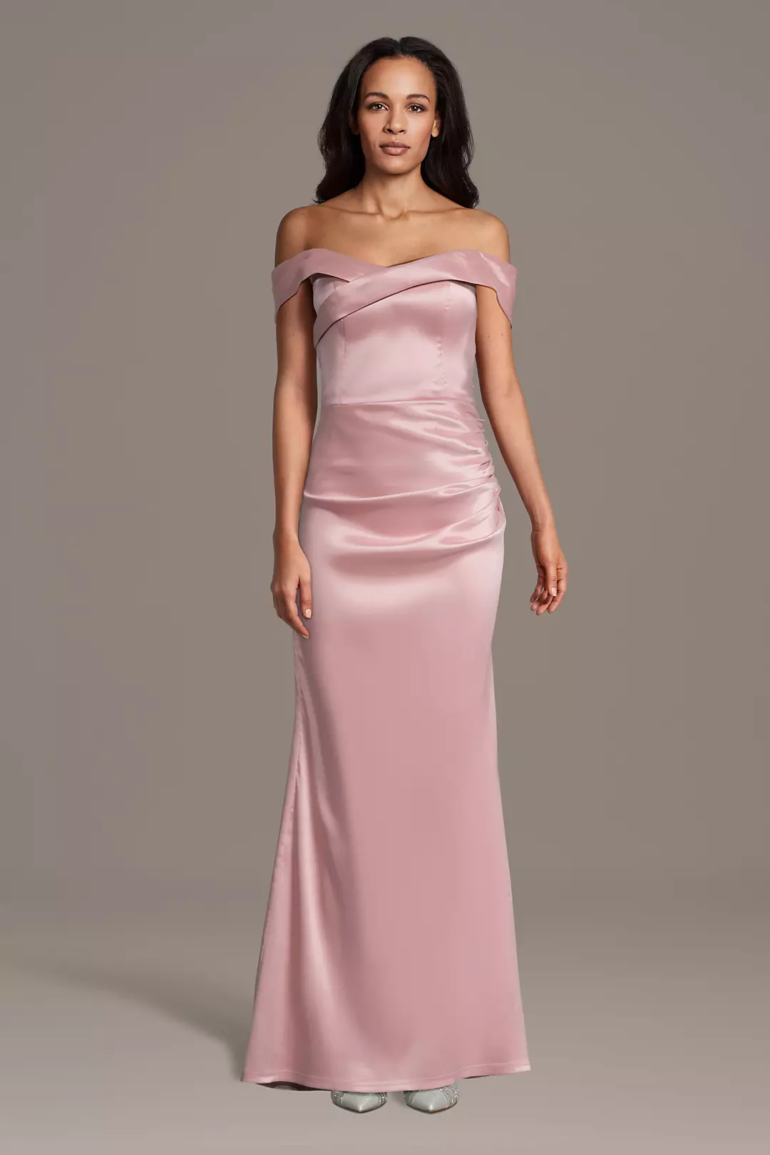 Elegant Off-the-Shoulder Satin Mother of the Bride Dress with Mermaid Silhouette and Side Ruched Detail