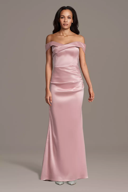 Elegant Off-the-Shoulder Satin Mother of the Bride Dress with Mermaid Silhouette and Side Ruched Detail