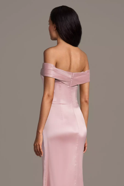 Elegant Off-the-Shoulder Satin Mother of the Bride Dress with Mermaid Silhouette and Side Ruched Detail