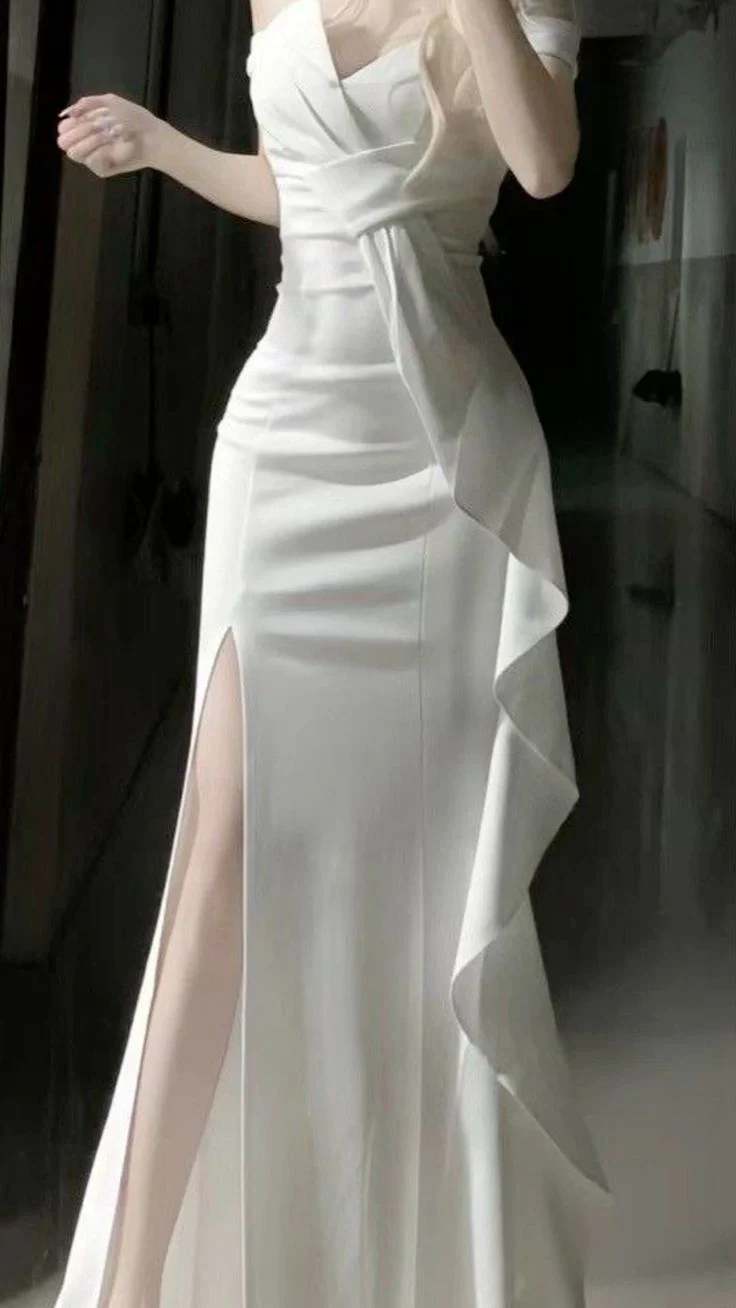 Elegant Off-the-Shoulder Sleeveless Ruffle Slit Mermaid Floor Length Prom Dress