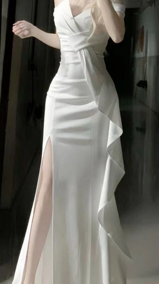 Elegant Off-the-Shoulder Sleeveless Ruffle Slit Mermaid Floor Length Prom Dress