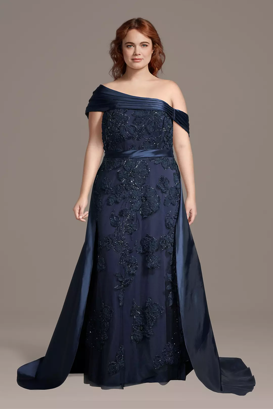 Elegant One-Shoulder Mother of the Bride Dress with Beaded Floral Embroidery and Satin Overlay