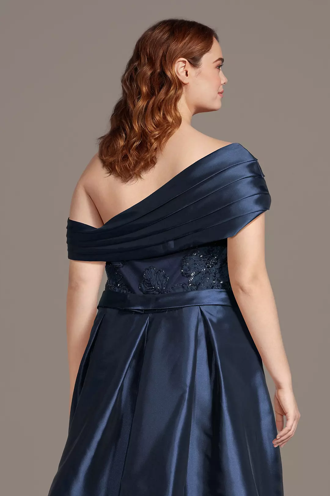 Elegant One-Shoulder Mother of the Bride Dress with Beaded Floral Embroidery and Satin Overlay