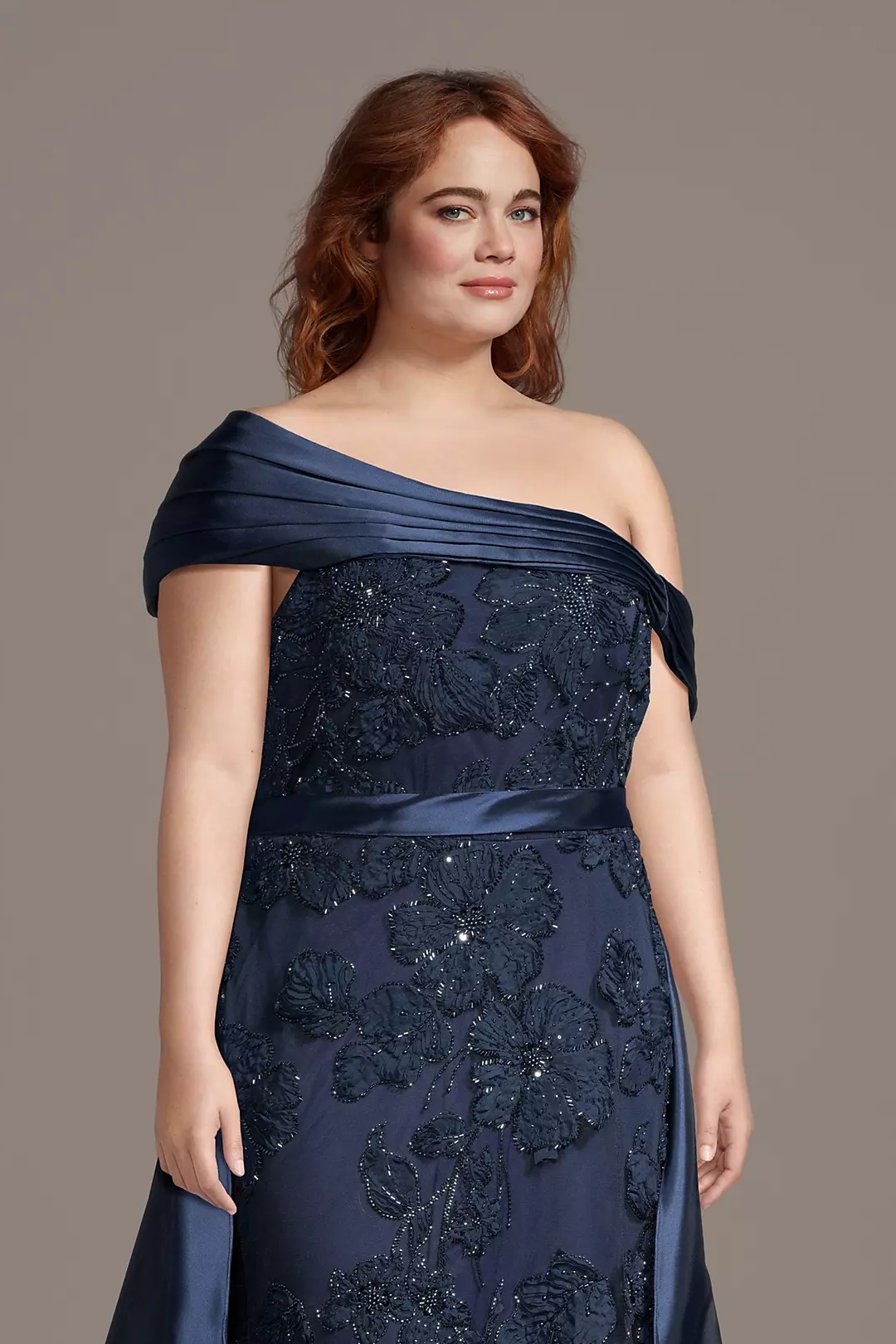 Elegant One-Shoulder Mother of the Bride Dress with Beaded Floral Embroidery and Satin Overlay