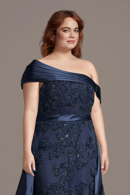 Elegant One-Shoulder Mother of the Bride Dress with Beaded Floral Embroidery and Satin Overlay