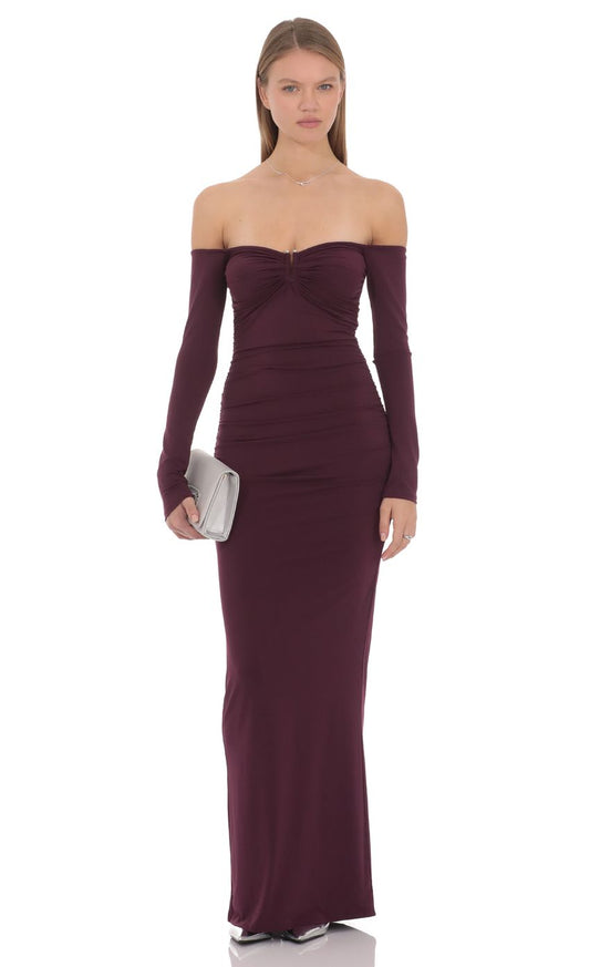 Elegant Plum Purple Off-Shoulder Evening Dress with Ruched Bodice & Long Sleeves