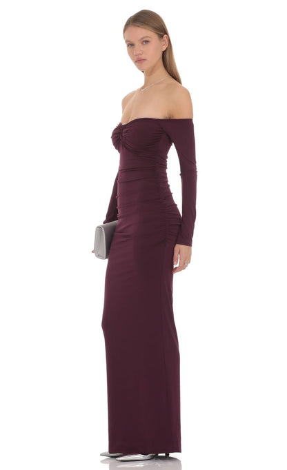 Elegant Plum Purple Off-Shoulder Evening Dress with Ruched Bodice & Long Sleeves
