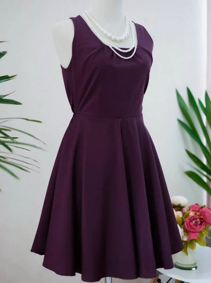 Elegant Plum Satin A-line Square Neck Sleeveless BigBow CutoutBack Mini Homecoming Dresses