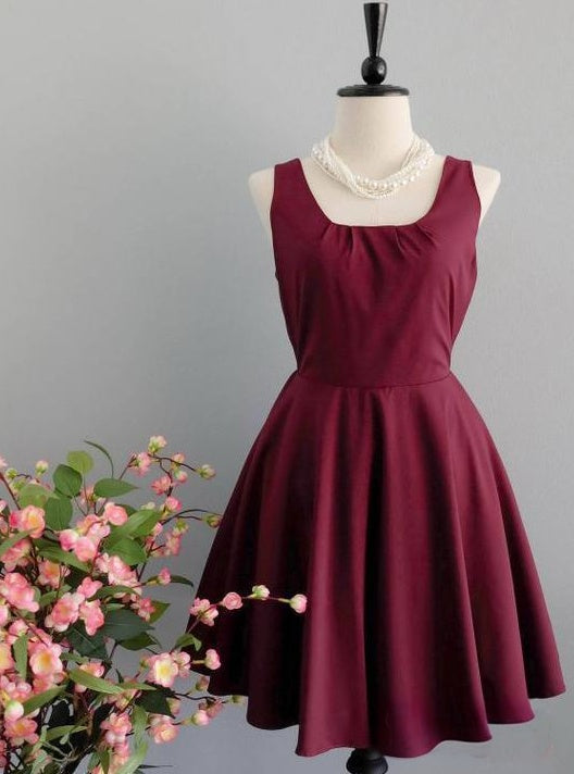 Elegant Plum Satin A-line Square Neck Sleeveless BigBow CutoutBack Mini Homecoming Dresses