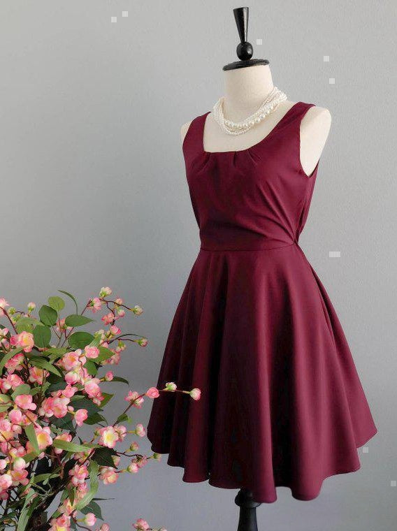 Elegant Plum Satin A-line Square Neck Sleeveless BigBow CutoutBack Mini Homecoming Dresses