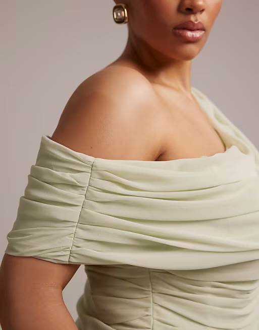 Elegant Plus Size Chiffon Ruched Off-Shoulder Sage Bridesmaid Dress