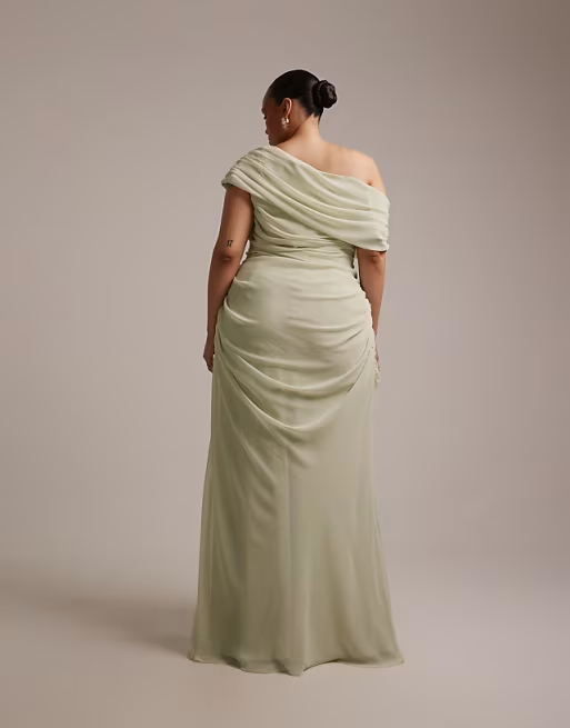 Elegant Plus Size Chiffon Ruched Off-Shoulder Sage Bridesmaid Dress