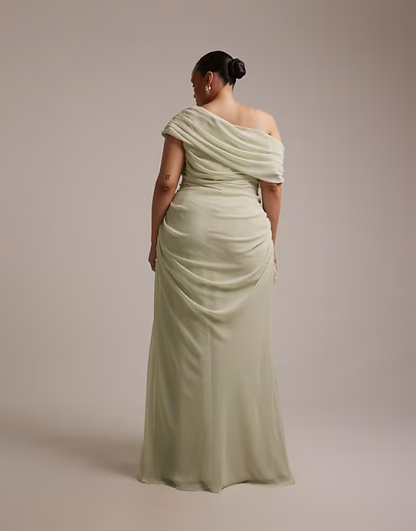 Elegant Plus Size Chiffon Ruched Off-Shoulder Sage Bridesmaid Dress