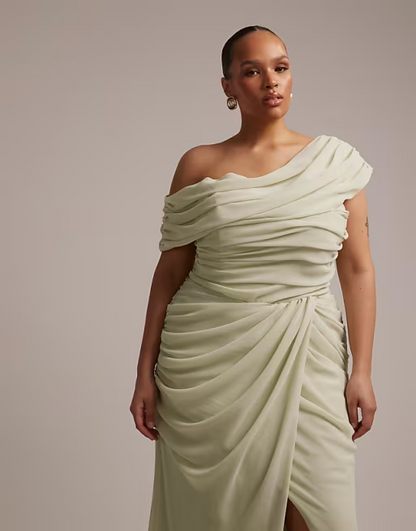 Elegant Plus Size Chiffon Ruched Off-Shoulder Sage Bridesmaid Dress