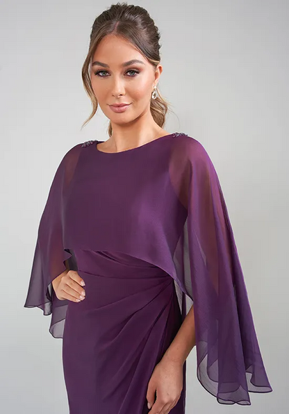 Elegant Purple Chiffon Capelet Boat-Neck Floor-Length Beaded Mother of the Bride Dress
