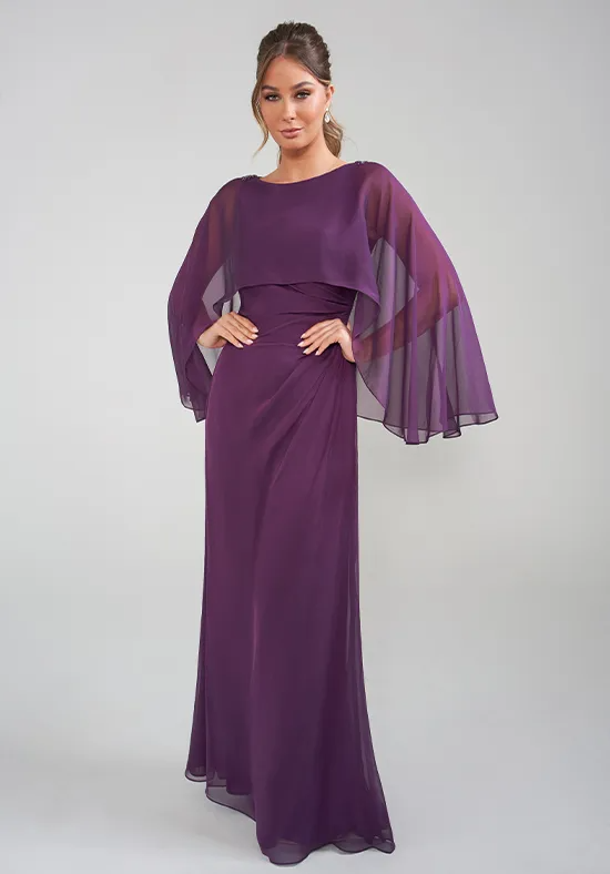 Elegant Purple Chiffon Capelet Boat-Neck Floor-Length Beaded Mother of the Bride Dress