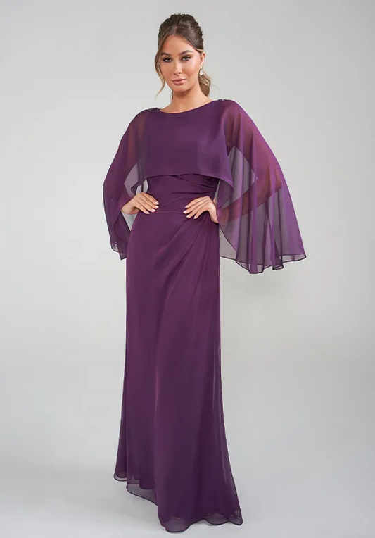 Elegant Purple Chiffon Capelet Boat-Neck Floor-Length Beaded Mother of the Bride Dress