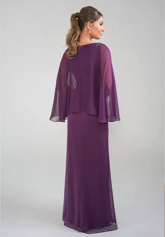 Elegant Purple Chiffon Capelet Boat-Neck Floor-Length Beaded Mother of the Bride Dress