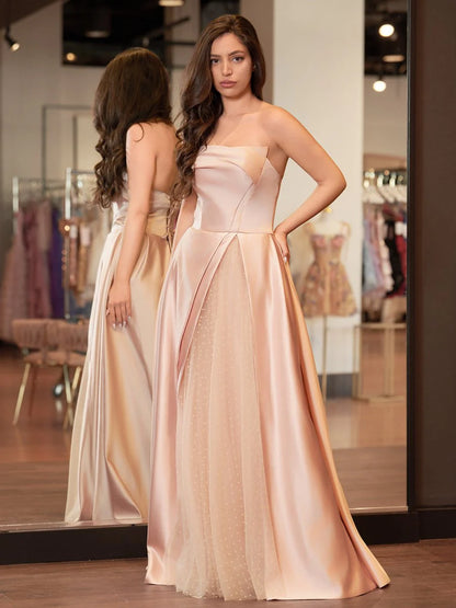 Elegant Romantic Blush Satin Ball Gown Silhouette Strapless Neck Sleeveless Lace-Up Crisscross Back Floor-Length with Sweep Train Prom Dress
