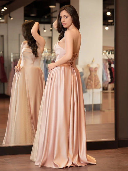 Elegant Romantic Blush Satin Ball Gown Silhouette Strapless Neck Sleeveless Lace-Up Crisscross Back Floor-Length with Sweep Train Prom Dress