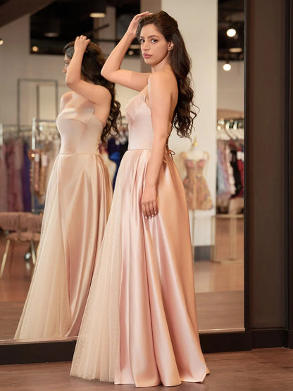 Elegant Romantic Blush Satin Ball Gown Silhouette Strapless Neck Sleeveless Lace-Up Crisscross Back Floor-Length with Sweep Train Prom Dress