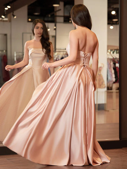 Elegant Romantic Blush Satin Ball Gown Silhouette Strapless Neck Sleeveless Lace-Up Crisscross Back Floor-Length with Sweep Train Prom Dress