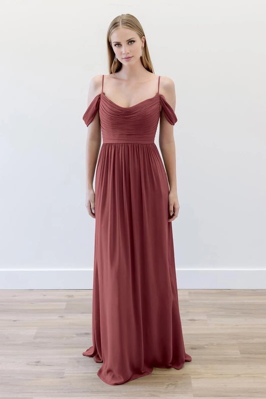 Elegant Rust Red Off-Shoulder Neck Sleeveless Ruched Open Back Chiffon Floor-Length Evening Dress
