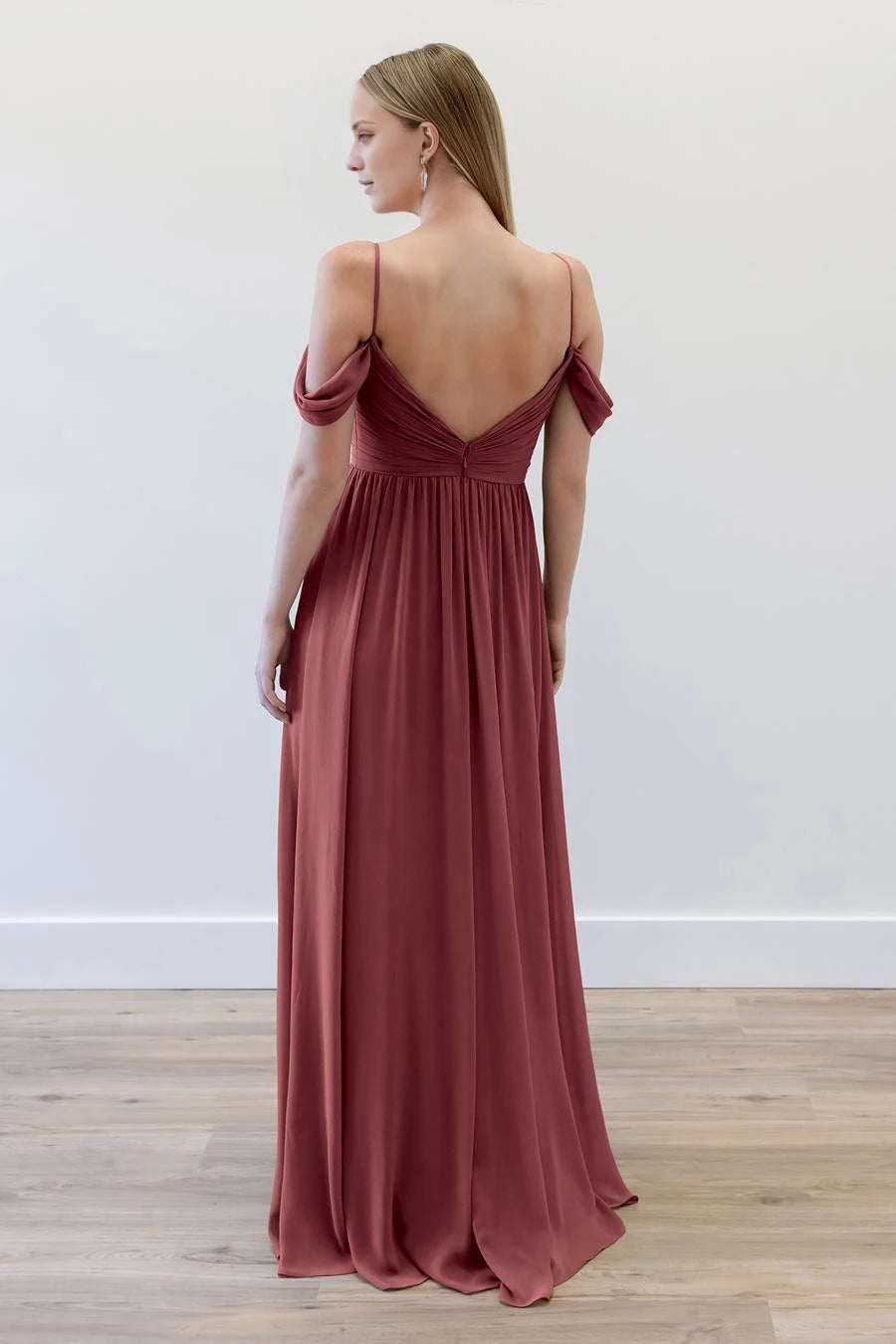Elegant Rust Red Off-Shoulder Neck Sleeveless Ruched Open Back Chiffon Floor-Length Evening Dress