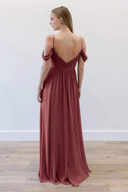 Elegant Rust Red Off-Shoulder Neck Sleeveless Ruched Open Back Chiffon Floor-Length Evening Dress