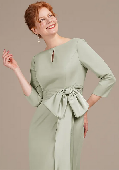 Elegant Sage Green Satin Mermaid Keyhole Neck 3/4 Sleeve Bow Waist Floor-Length Mother of the Bride Dress