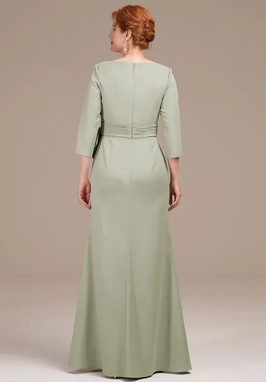 Elegant Sage Green Satin Mermaid Keyhole Neck 3/4 Sleeve Bow Waist Floor-Length Mother of the Bride Dress