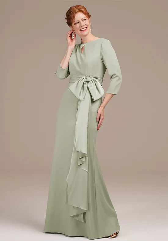 Elegant Sage Green Satin Mermaid Keyhole Neck 3/4 Sleeve Bow Waist Floor-Length Mother of the Bride Dress