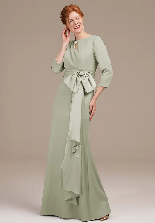 Elegant Sage Green Satin Mermaid Keyhole Neck 3/4 Sleeve Bow Waist Floor-Length Mother of the Bride Dress