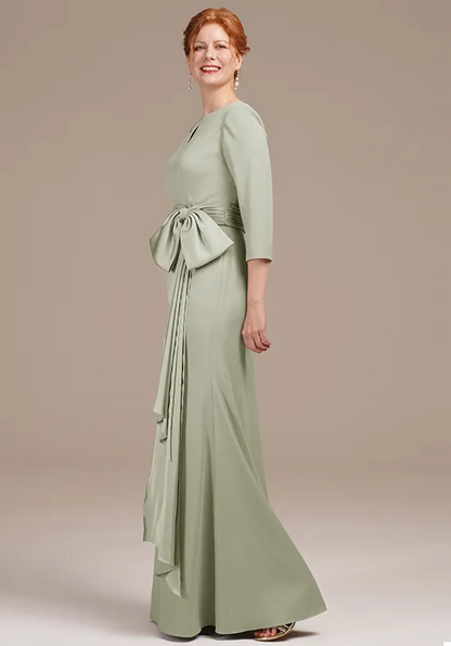 Elegant Sage Green Satin Mermaid Keyhole Neck 3/4 Sleeve Bow Waist Floor-Length Mother of the Bride Dress